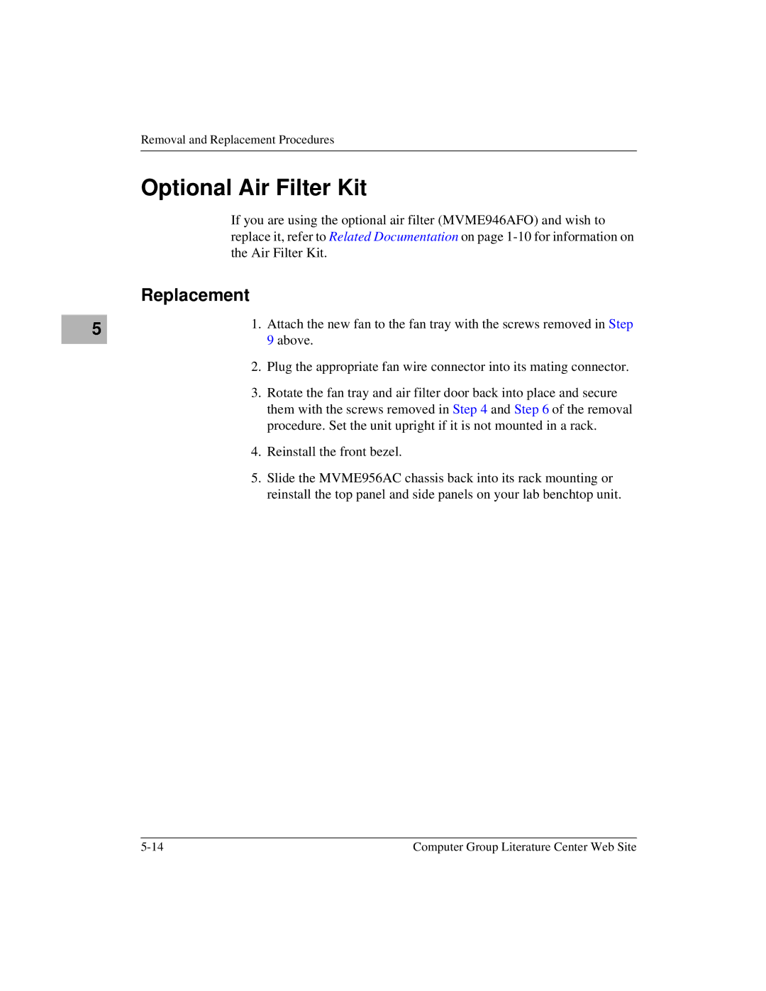 Motorola MVME956UM2, MVME956AC user manual Optional Air Filter Kit, Replacement 