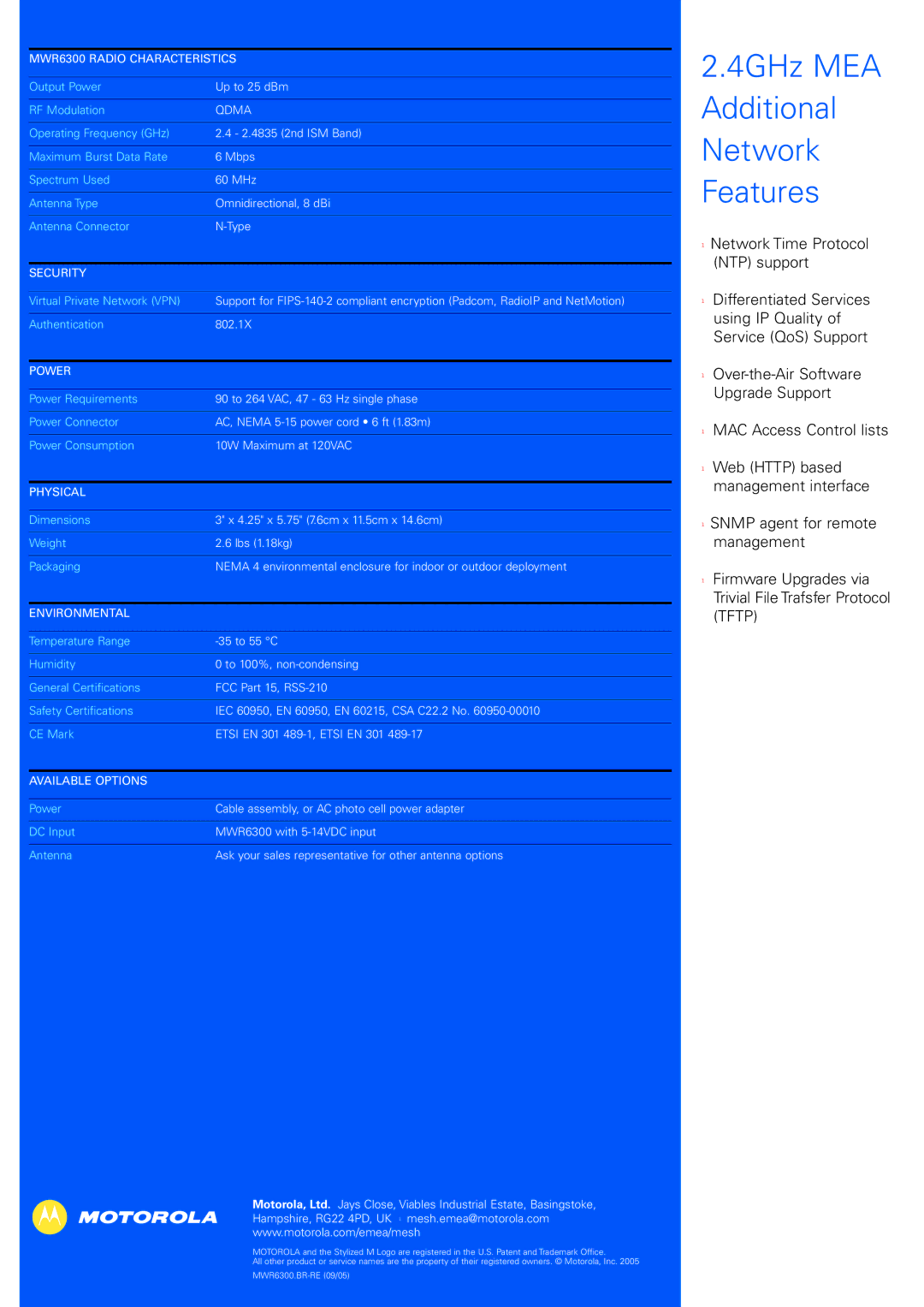 Motorola manual MWR6300 Radio Characteristics, Qdma, Security, Power, Physical, Environmental, Available Options 