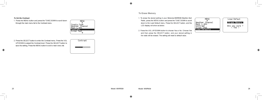 Motorola MWR839 warranty To Erase Memory, To Set the Contrast 