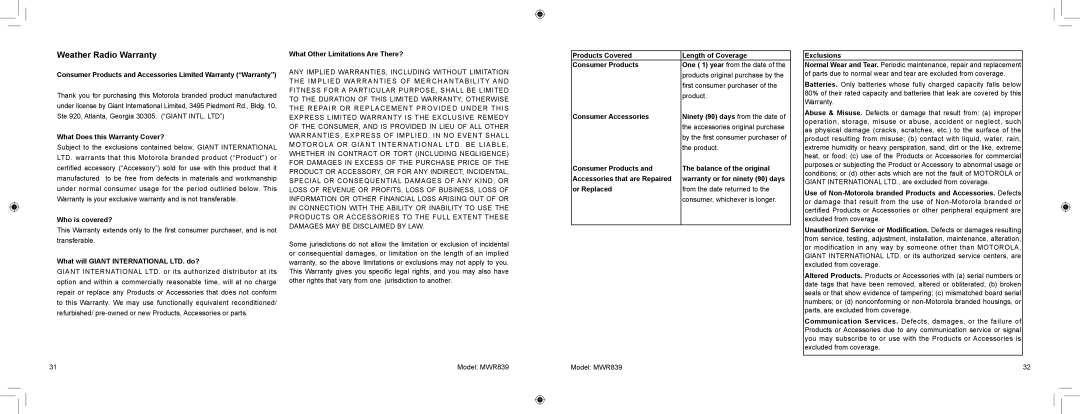 Motorola MWR839 warranty Weather Radio Warranty 