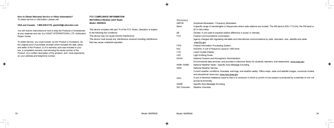 Motorola MWR839 warranty Glossary, USA and Canada 1-800-638-5119, giantintl@callcenter.com 