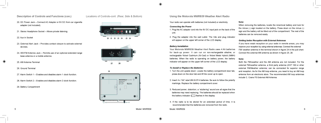 Motorola warranty Description of Controls and Functions con, Using the Motorola MWR839 Weather Alert Radio 