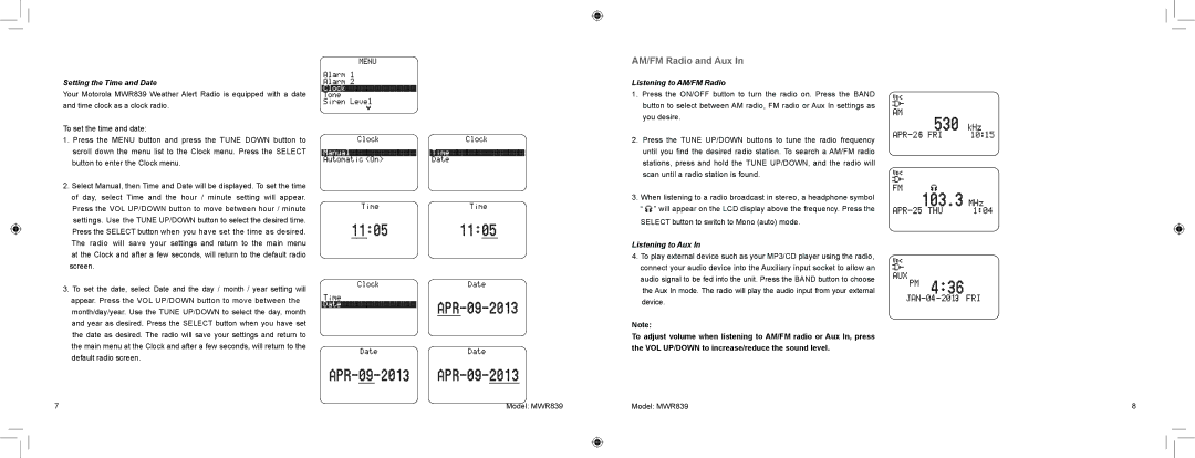 Motorola MWR839 warranty AM/FM Radio and Aux, Setting the Time and Date, Listening to AM/FM Radio, Listening to Aux 