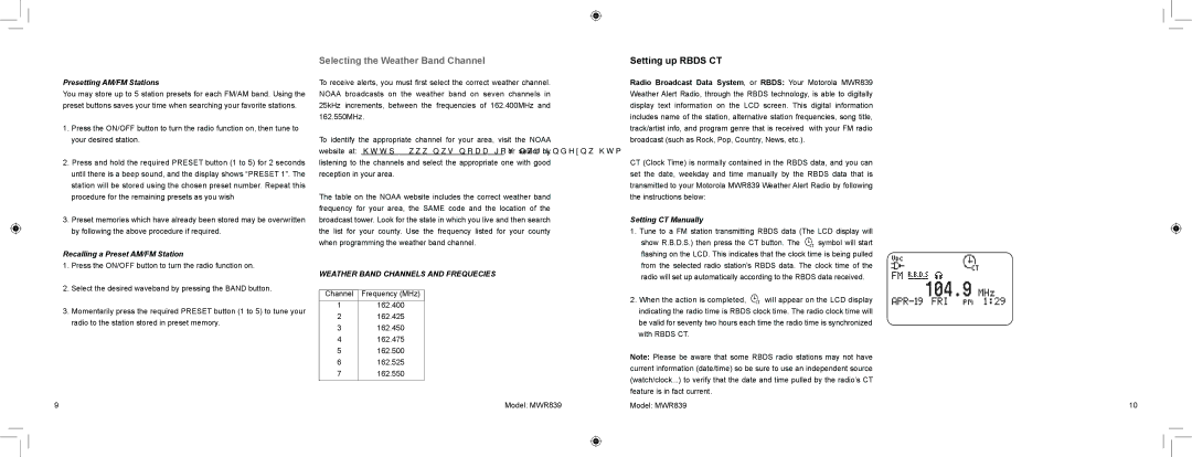 Motorola MWR839 warranty Selecting the Weather Band Channel, Presetting AM/FM Stations, Recalling a Preset AM/FM Station 