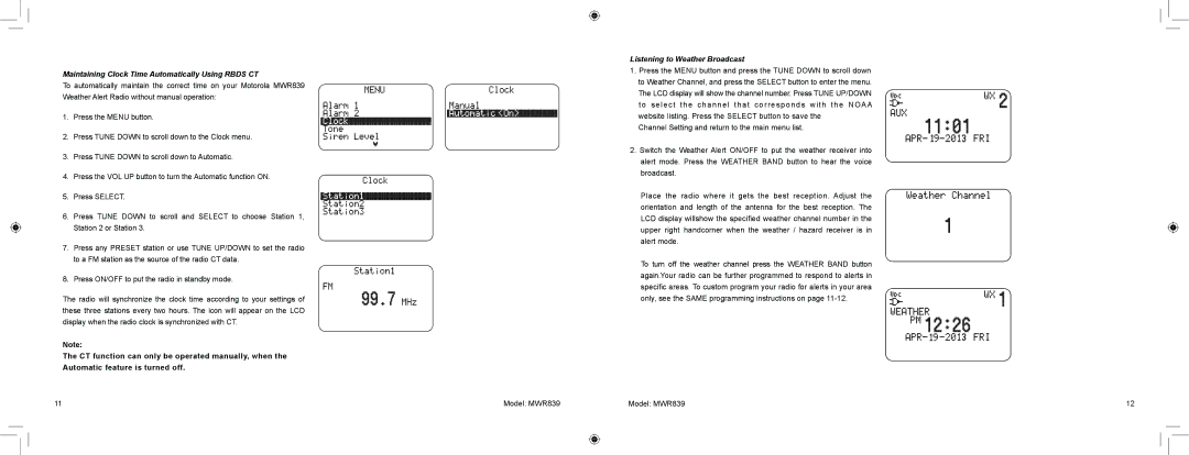 Motorola MWR839 warranty Maintaining Clock Time Automatically Using Rbds CT, Listening to Weather Broadcast 