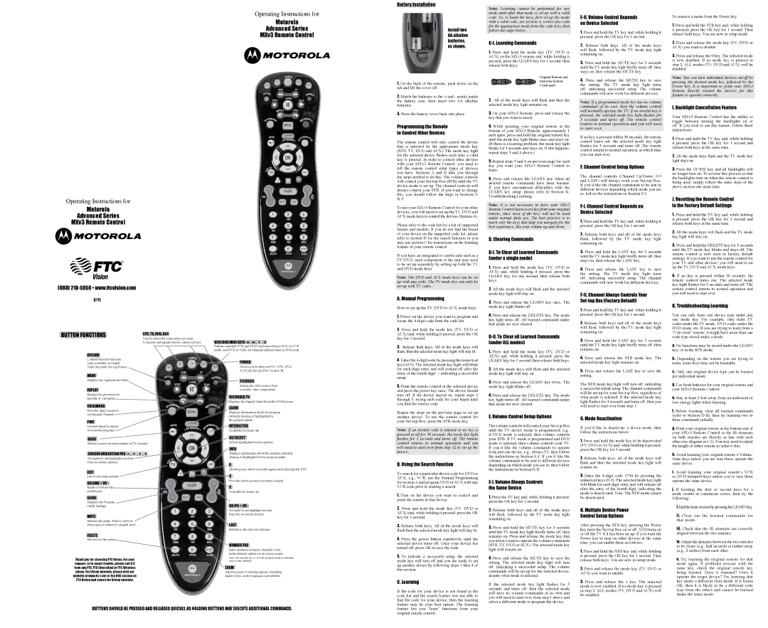 Motorola MXV3 operating instructions Battery Installation, Learning Commands, Clearing Commands, Manual Programming 