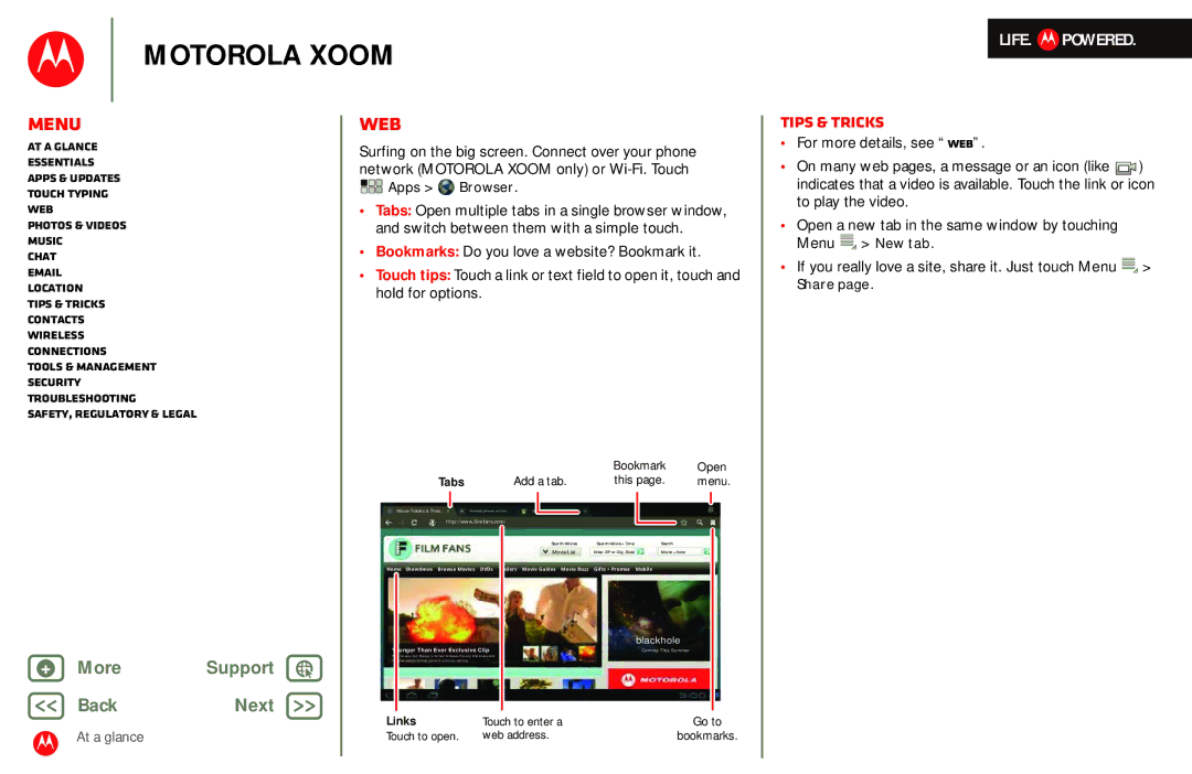 Motorola MZ601 Share, Bookmark Open, Add a tab This Menu, Touch to enter a Go to Touch to open Web address Bookmarks 