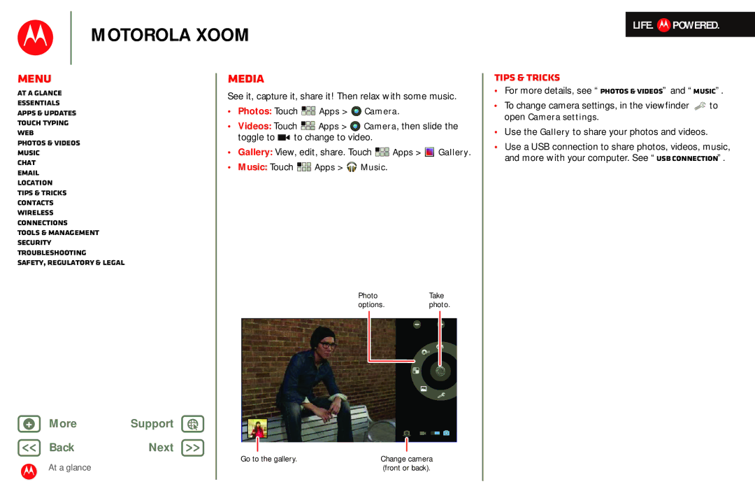 Motorola MZ601 manual Media, See it, capture it, share it! Then relax with some music 