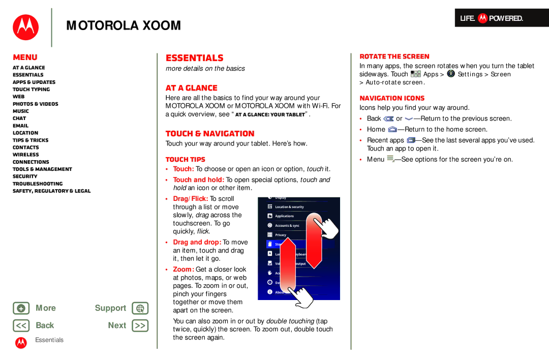 Motorola MZ601 manual Essentials, At a glance, Touch & navigation 