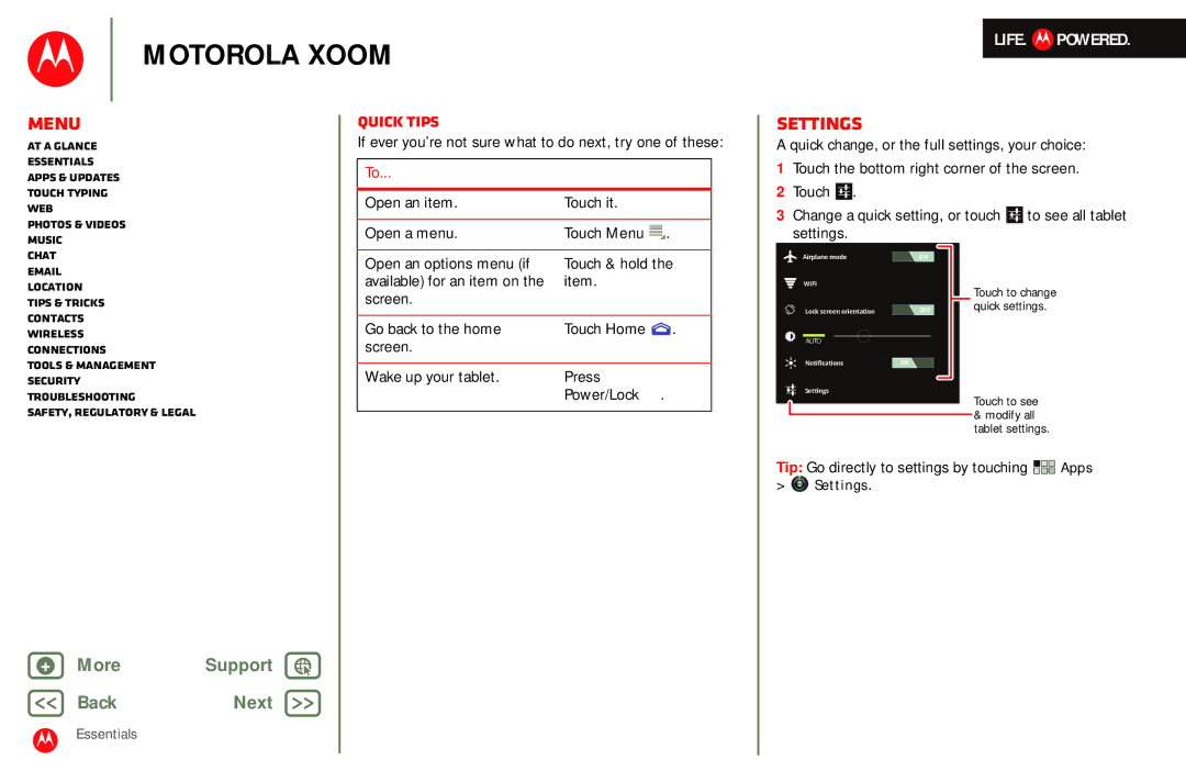 Motorola MZ601 manual Settings, Quick tips, Tip Go directly to settings by touching Apps 