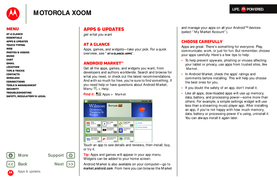 Motorola MZ601 manual Apps & updates, Android Market, Choose carefully 