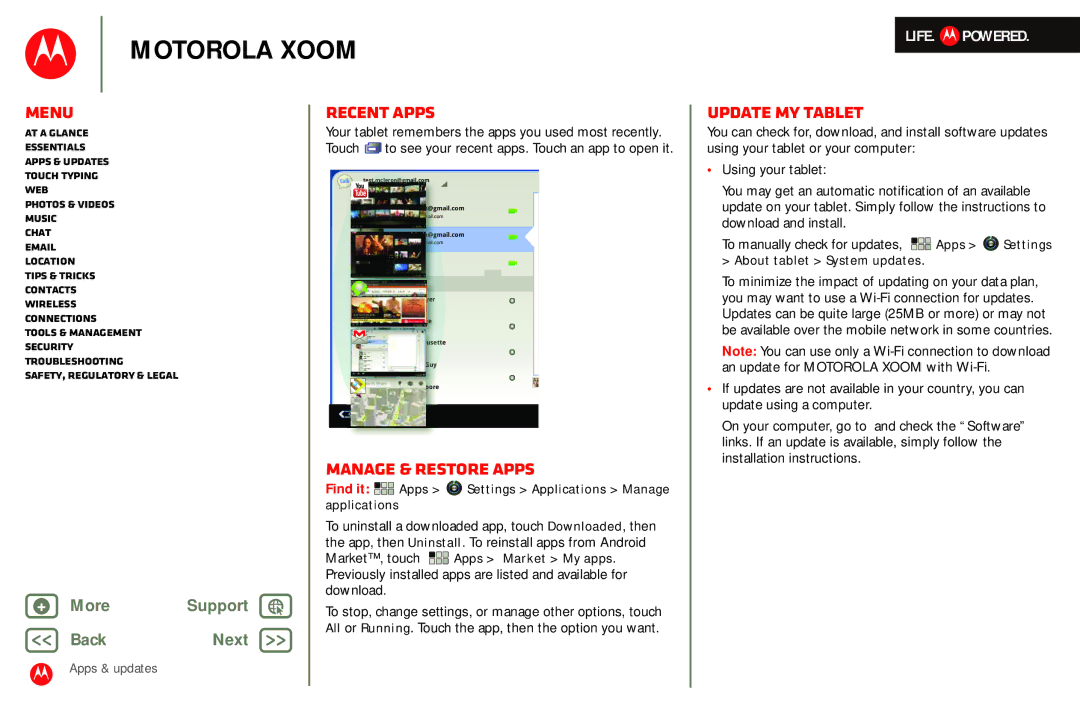 Motorola MZ601 manual Recent apps, Manage & restore apps, Update my tablet, About tablet System updates 