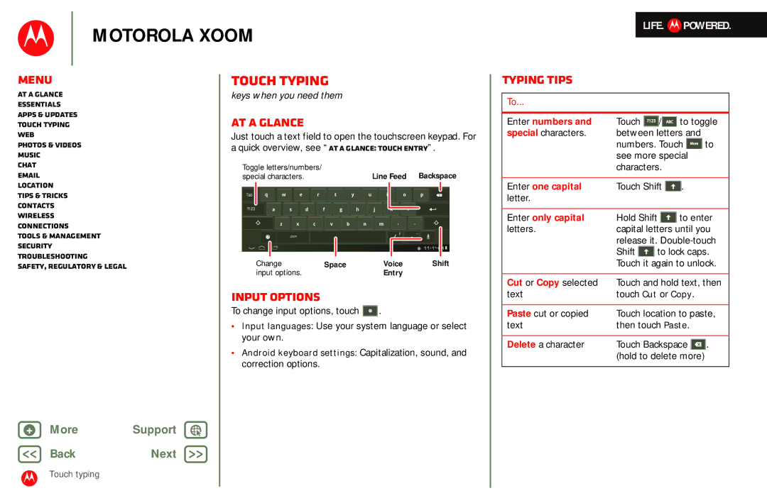 Motorola MZ601 manual Touch typing, Input options, Typing tips 