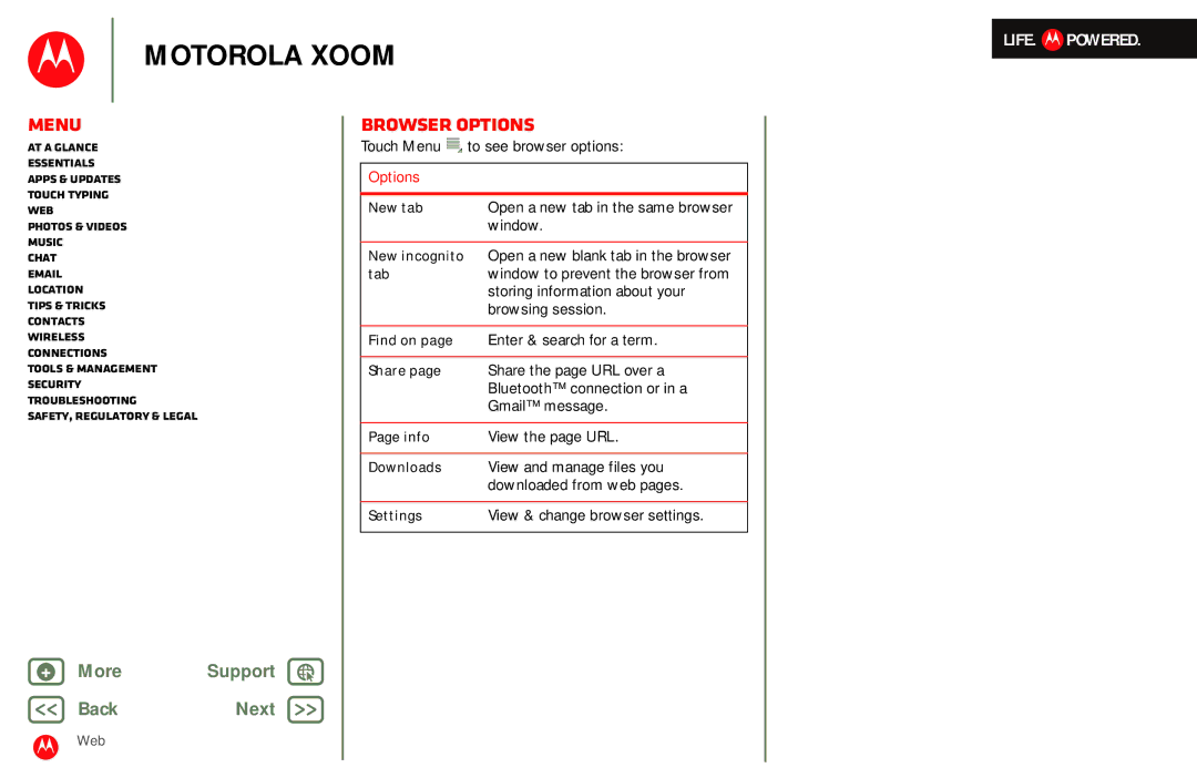 Motorola MZ601 manual Browser options 