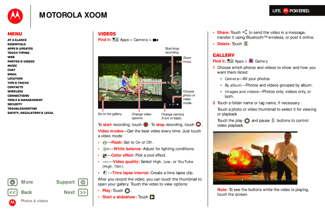 Motorola MZ601 manual Videos, Gallery, Time lapse interval Create a time lapse clip, Play Touch 