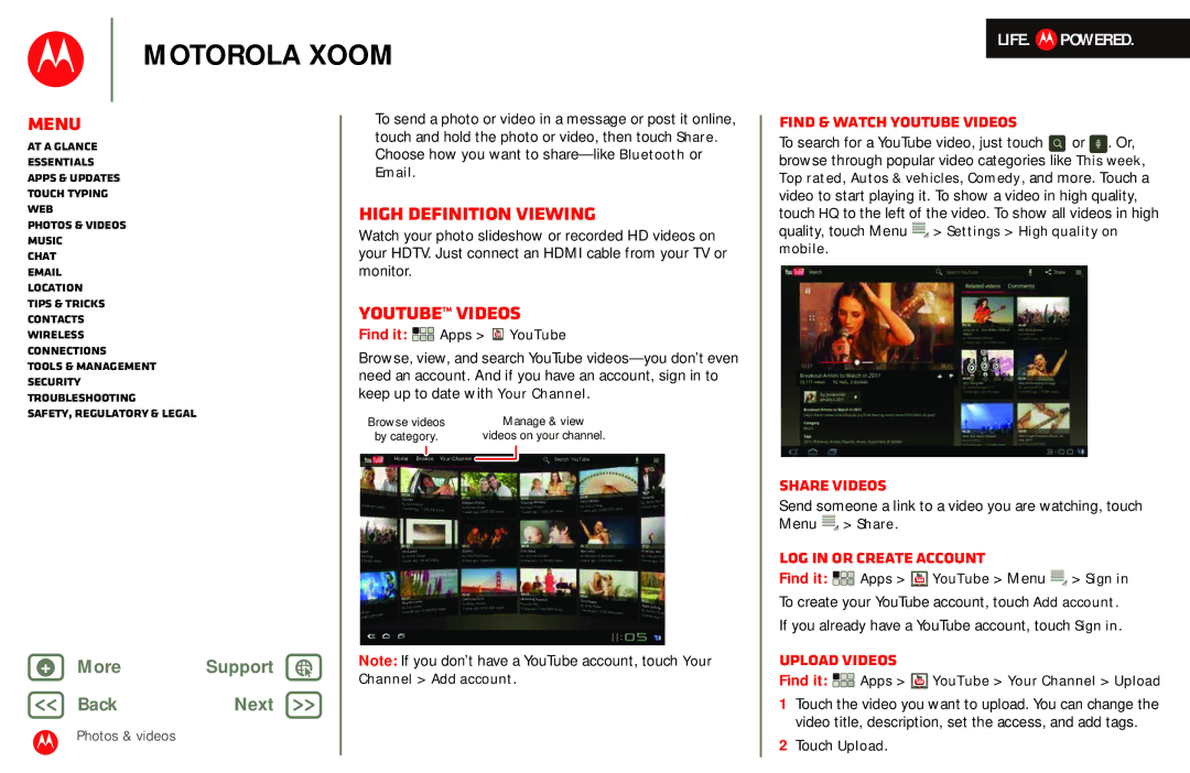 Motorola MZ601 manual High Definition viewing, YouTube videos 