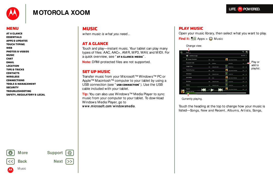 Motorola MZ601 manual Music, Set up music, Play music, Open your music library, then select what you want to play 