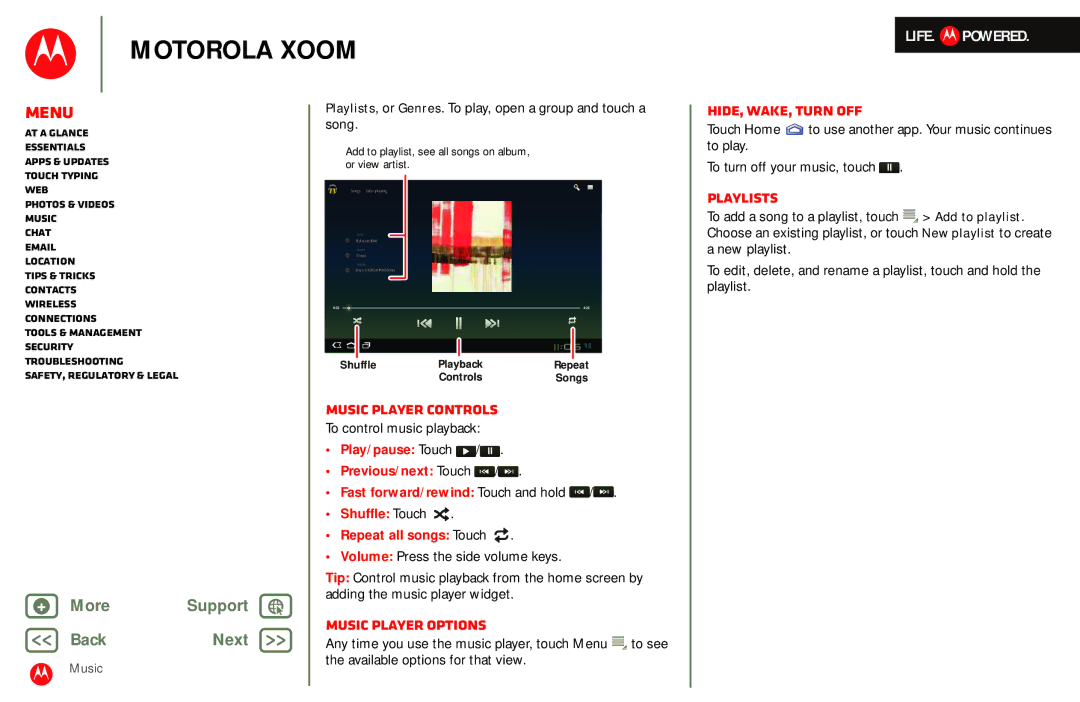 Motorola MZ601 Music player controls, Music player options, Hide, wake, turn off, Playlists, To control music playback 