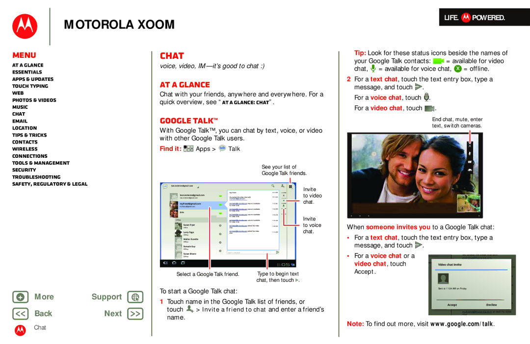 Motorola MZ601 manual Chat, Tip Look for these status icons beside the names, To start a Google Talk chat 