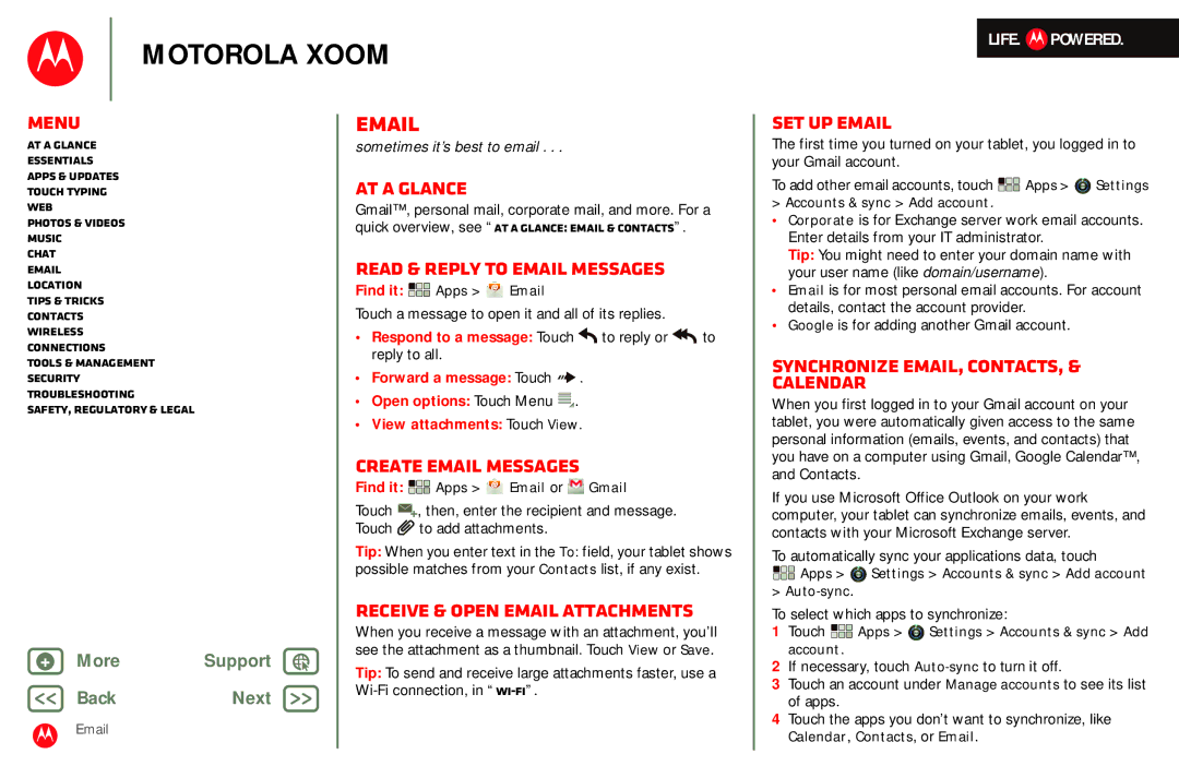 Motorola MZ601 manual Read & reply to email messages, Create email messages, Receive & open email attachments, Set up email 