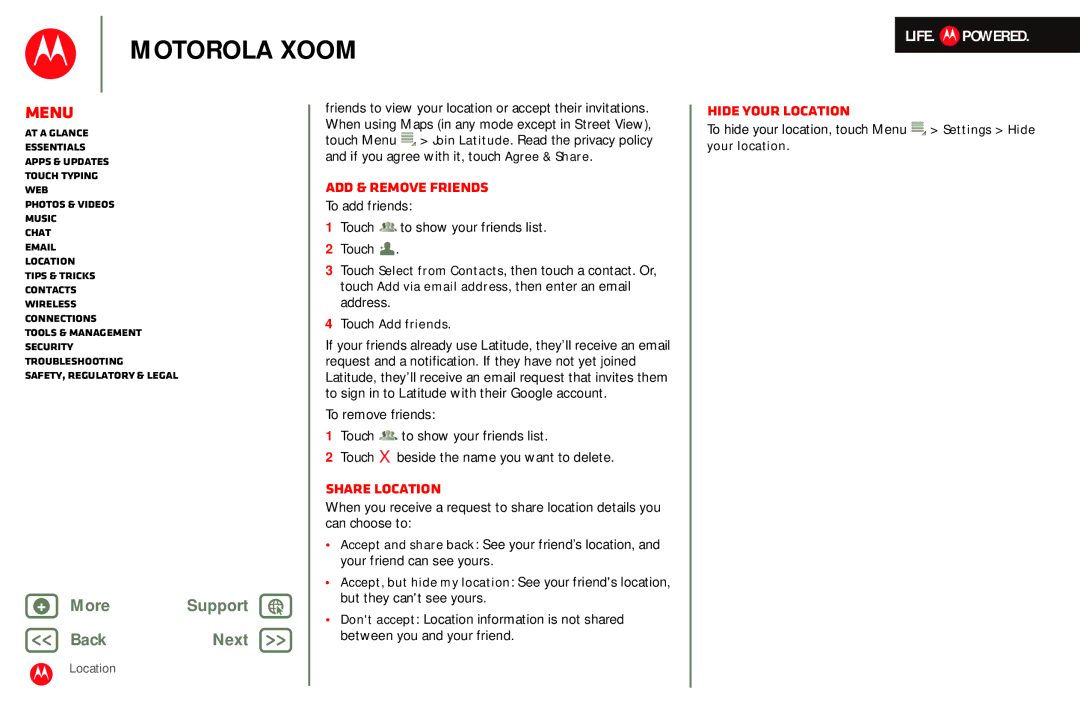 Motorola MZ601 Add & remove friends, Share location, Hide your location, To hide your location, touch Menu Settings Hide 