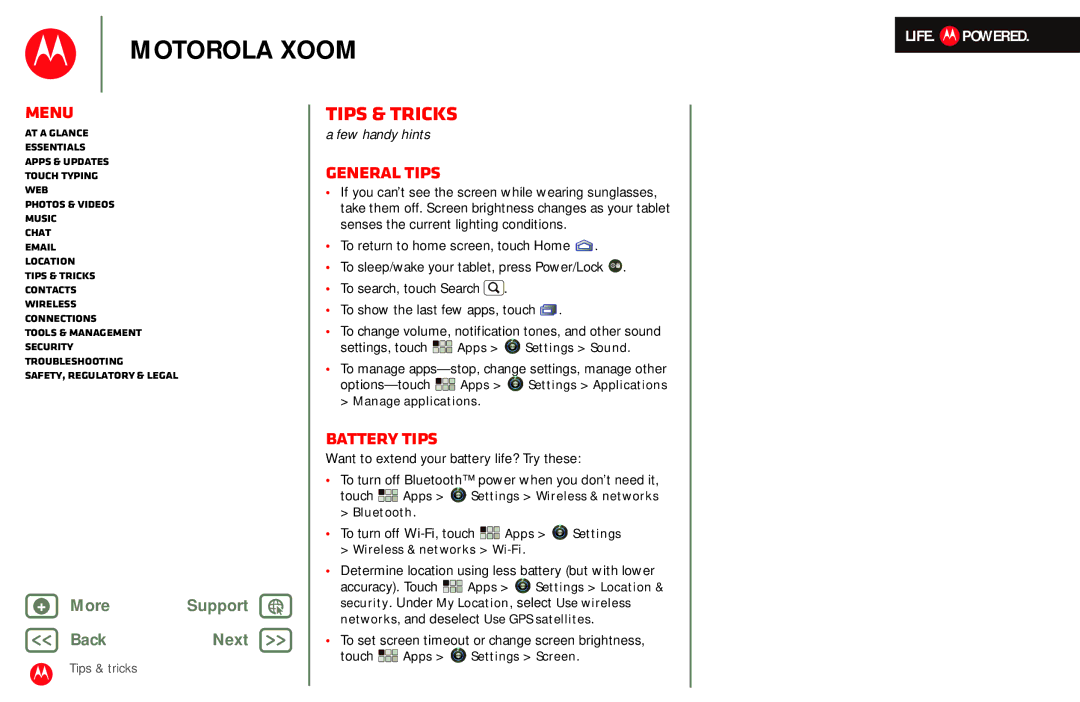 Motorola MZ601 manual Tips & tricks, General tips, Battery tips, To turn off Wi-Fi,touch Apps Settings 