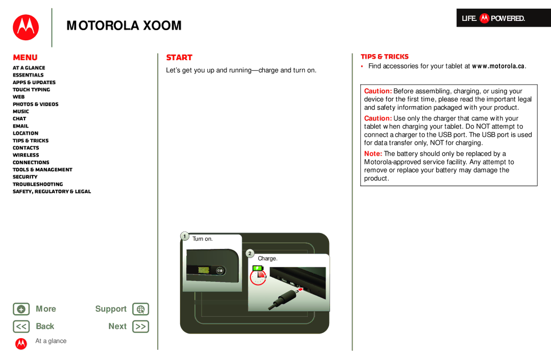 Motorola MZ601 manual Start, Let’s get you up and running-charge and turn on, Turn on Charge 