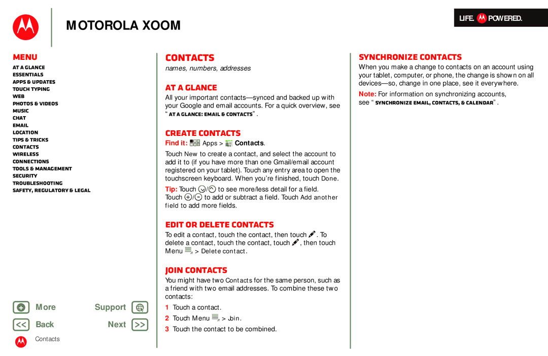 Motorola MZ601 manual Contacts, Create contacts, Edit or delete contacts, Join contacts, Synchronize contacts 