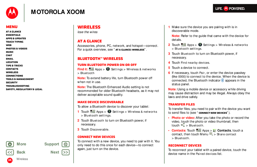 Motorola MZ601 manual Wireless, Bluetooth wireless 