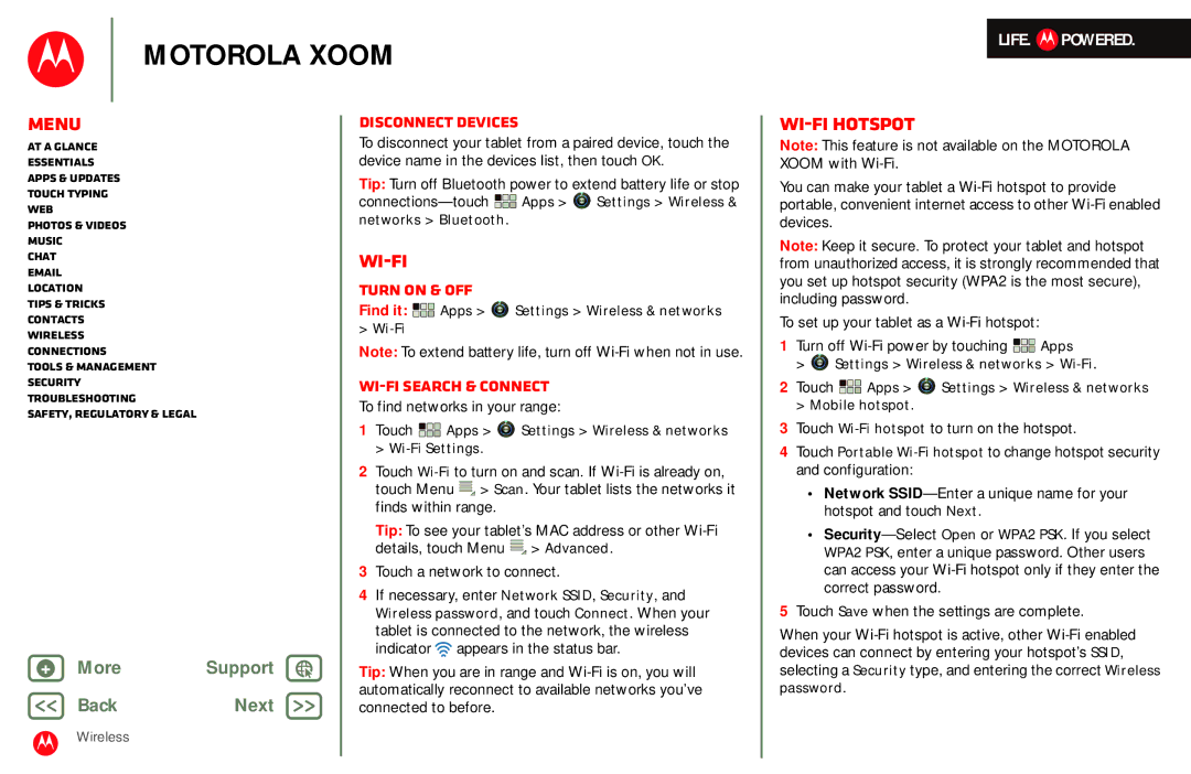 Motorola MZ601 manual Wi-Fi hotspot, Disconnect devices, Turn on & off, Wi-Fi search & connect 