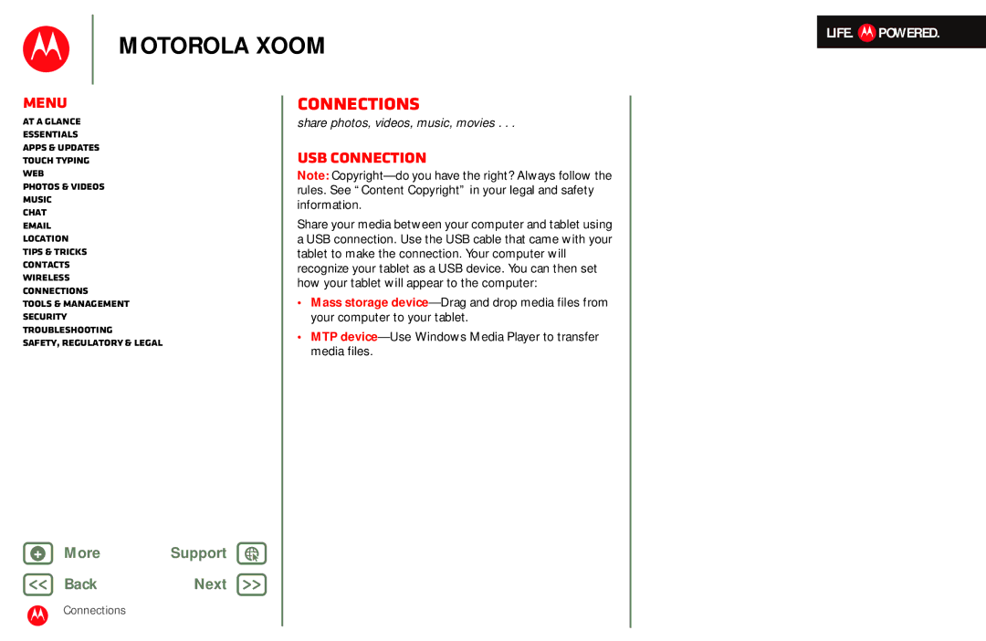 Motorola MZ601 manual Connections, USB connection 