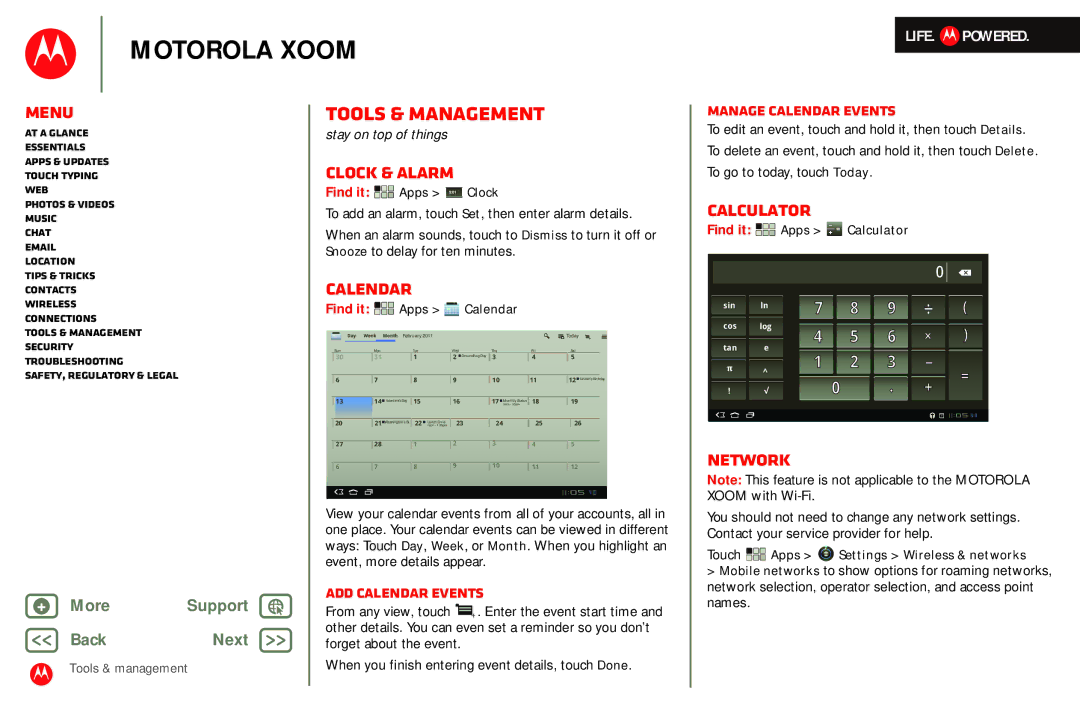 Motorola MZ601 manual Tools & management, Clock & alarm, Calendar, Calculator, Network 