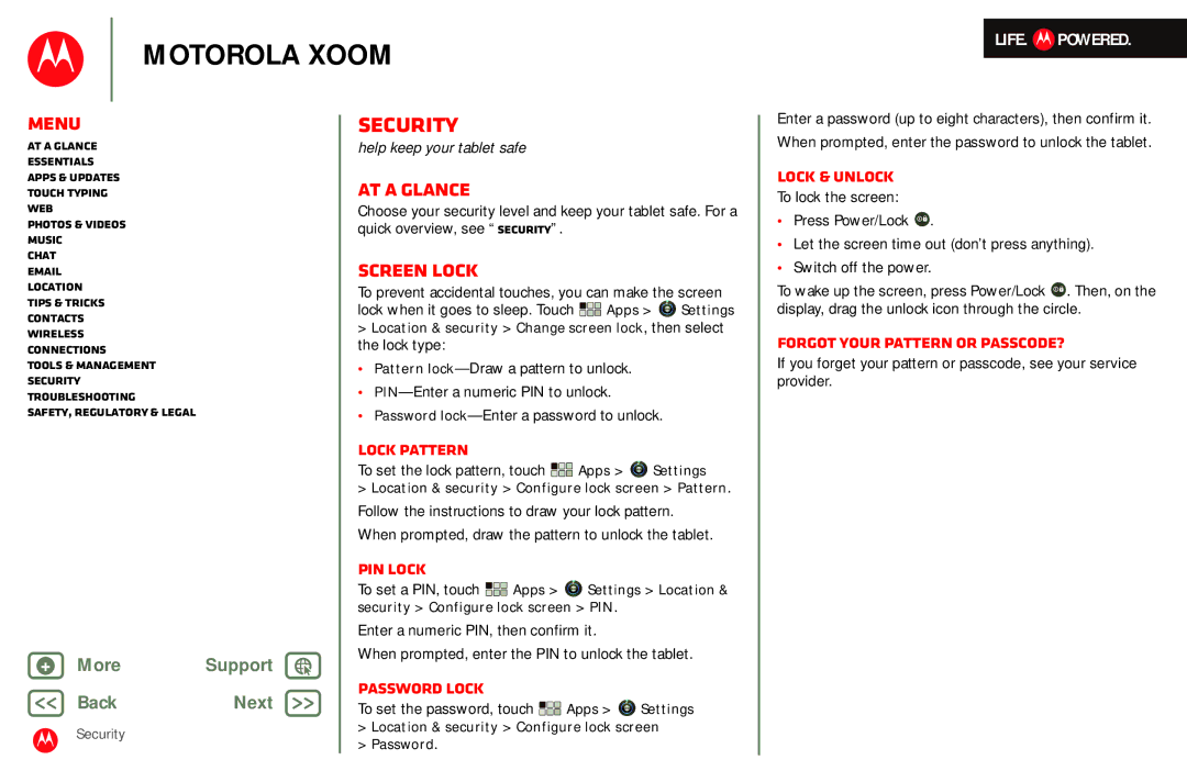 Motorola MZ601 manual Security, Screen lock 