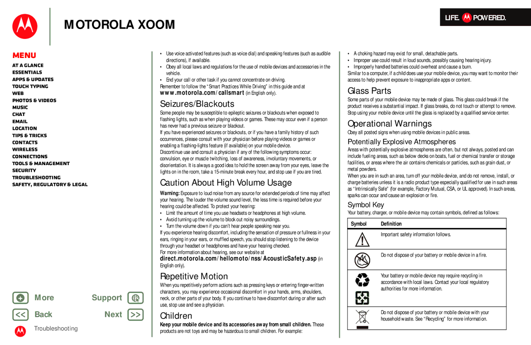 Motorola MZ601 manual Seizures/Blackouts, Repetitive Motion, Children, Glass Parts, Operational Warnings 