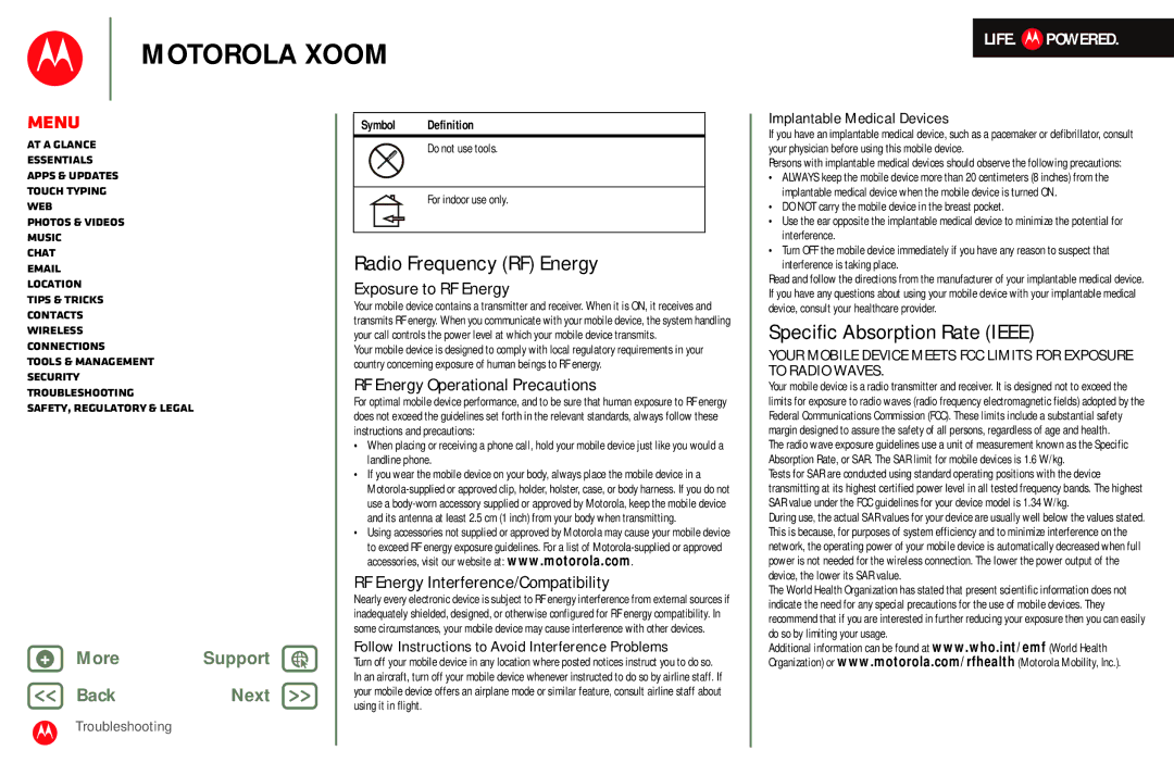 Motorola MZ601 manual Radio Frequency RF Energy, Specific Absorption Rate Ieee 