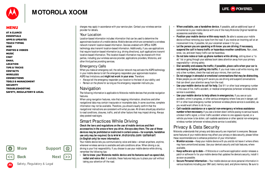 Motorola MZ601 manual Navigation, Smart Practices While Driving, Privacy & Data Security 