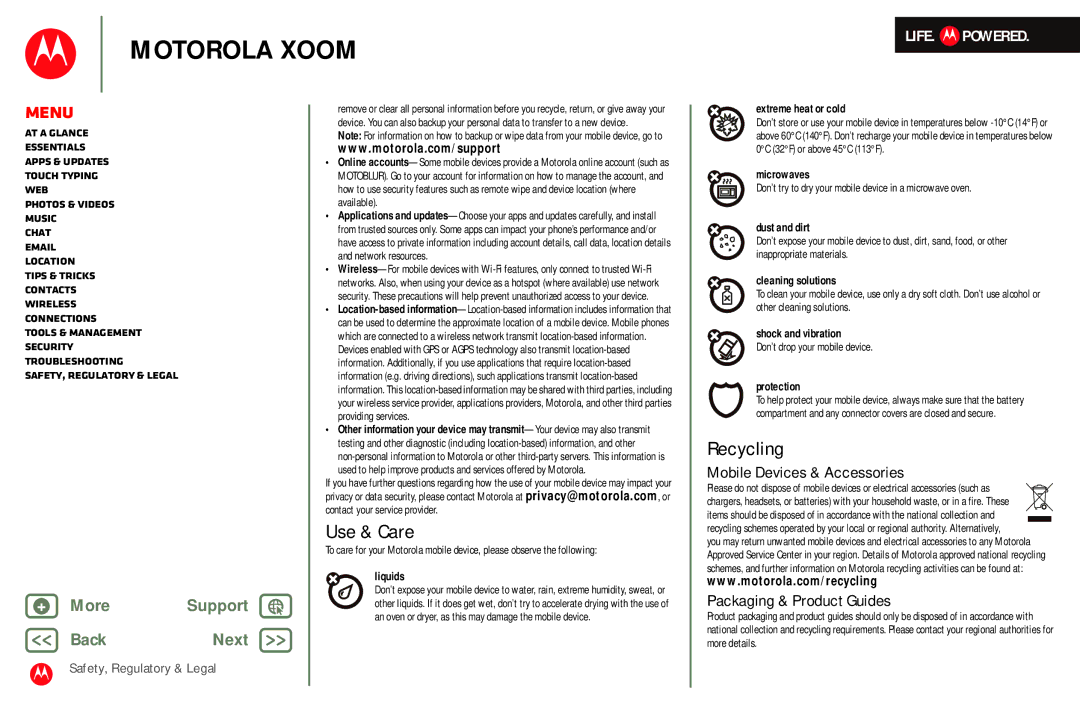 Motorola MZ601 manual Use & Care, Recycling 
