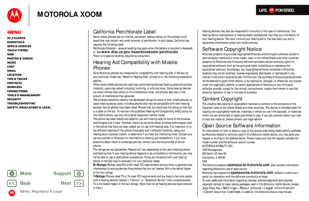 Motorola MZ601 manual California Perchlorate Label, Hearing Aid Compatibility with Mobile Phones, Software Copyright Notice 