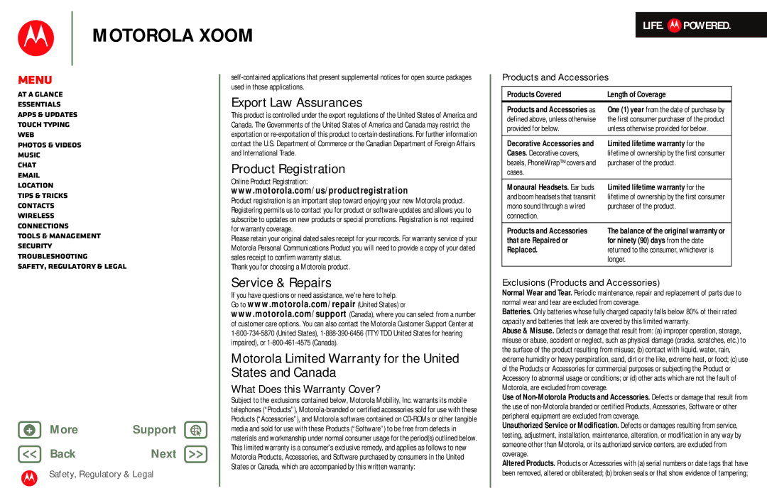 Motorola MZ601 manual Export Law Assurances, Product Registration 