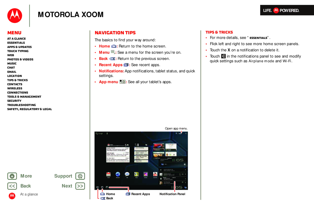 Motorola MZ601 manual Navigation tips, Open app menu 