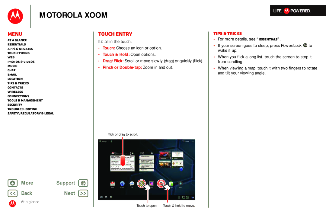 Motorola MZ601 manual Touch entry, It’s all in the touch Touch Choose an icon or option, Flick or drag to scroll 