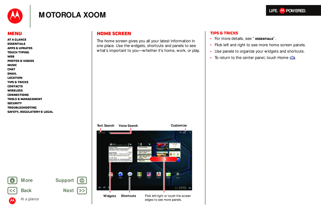 Motorola MZ601 manual Home screen, Text Search Voice Search 