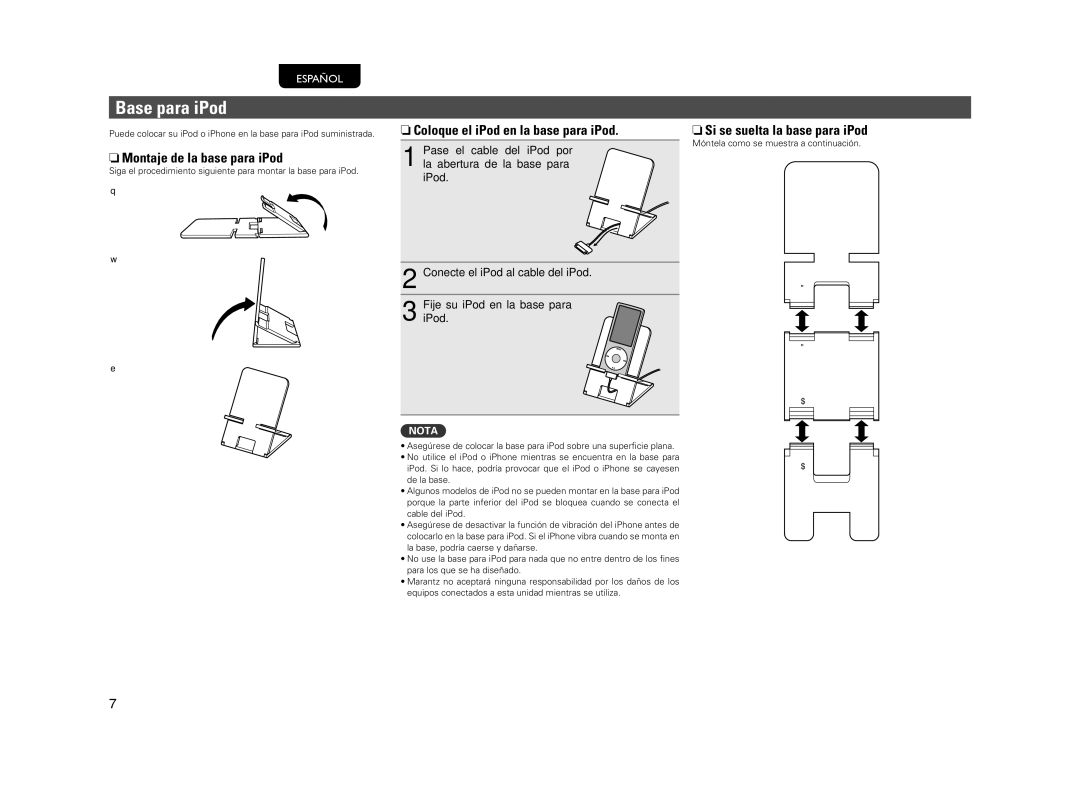 Motorola NA7004 manual Base para iPod, NMontaje de la base para iPod, NColoque el iPod en la base para iPod 