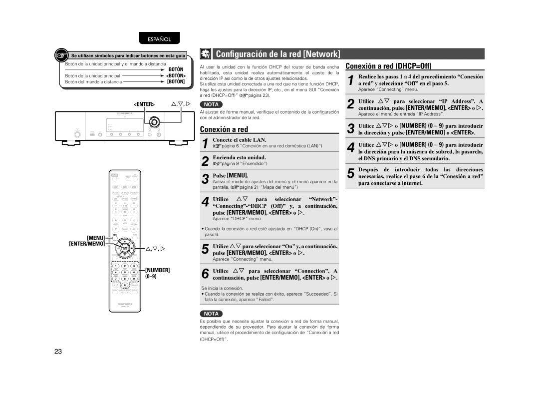 Motorola NA7004 manual Conexión a red DHCP=Off, Pulse ENTER/MEMO, Enter o p, Conecte el cable LAN, Pulse Menu 