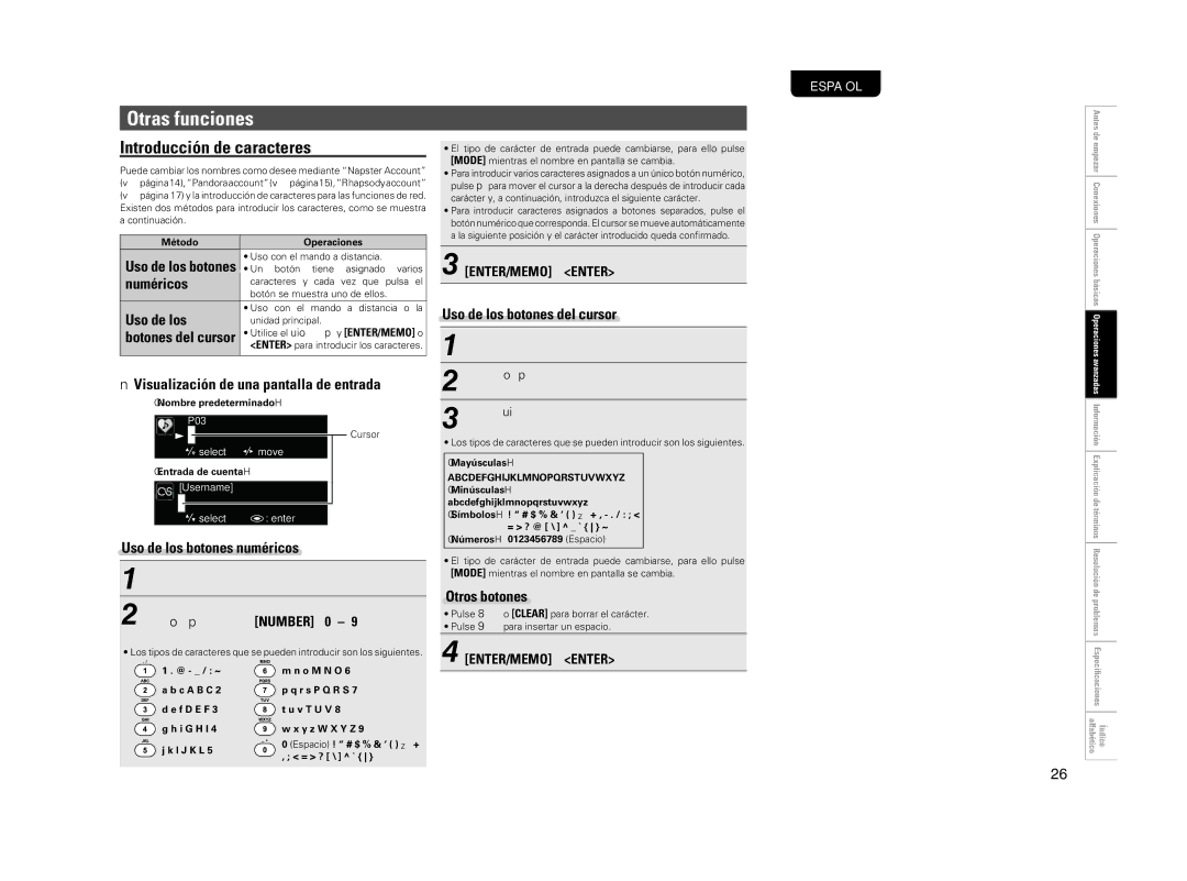 Motorola NA7004 manual Otras funciones, Introducción de caracteres 