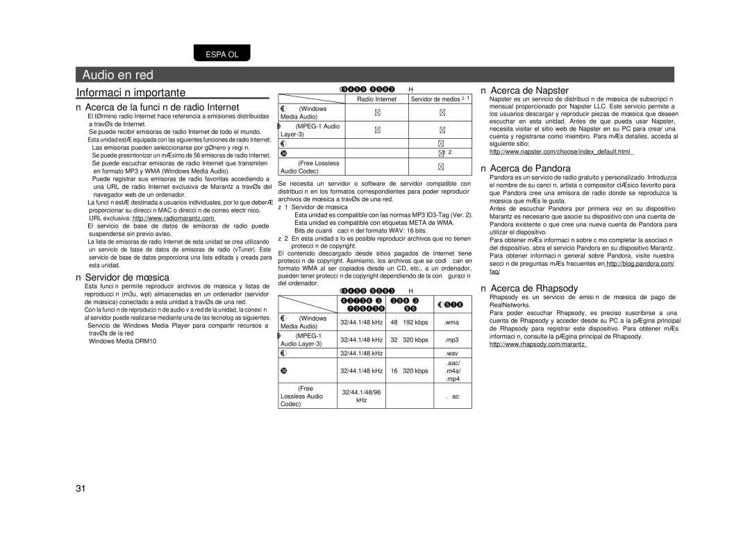 Motorola NA7004 manual Audio en red, NAcerca de la función de radio Internet, NServidor de música, NAcerca de Rhapsody 