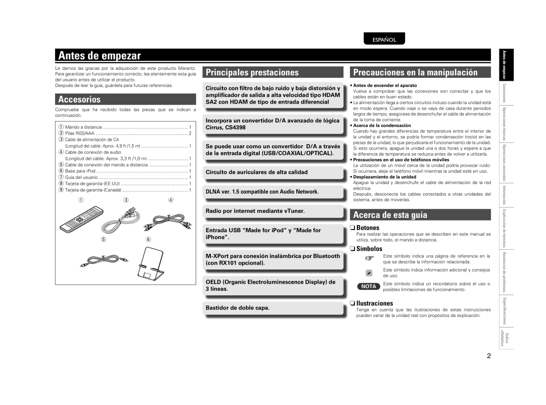 Motorola NA7004 manual Antes de empezar, Accesorios, Principales prestaciones, Precauciones en la manipulación 