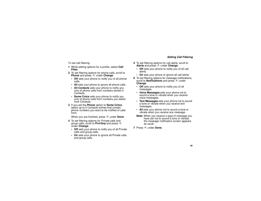 Motorola NNTN5837A manual Setting Call Filtering 