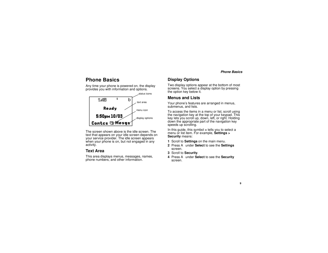 Motorola NNTN5837A manual Phone Basics, Text Area, Display Options, Menus and Lists 