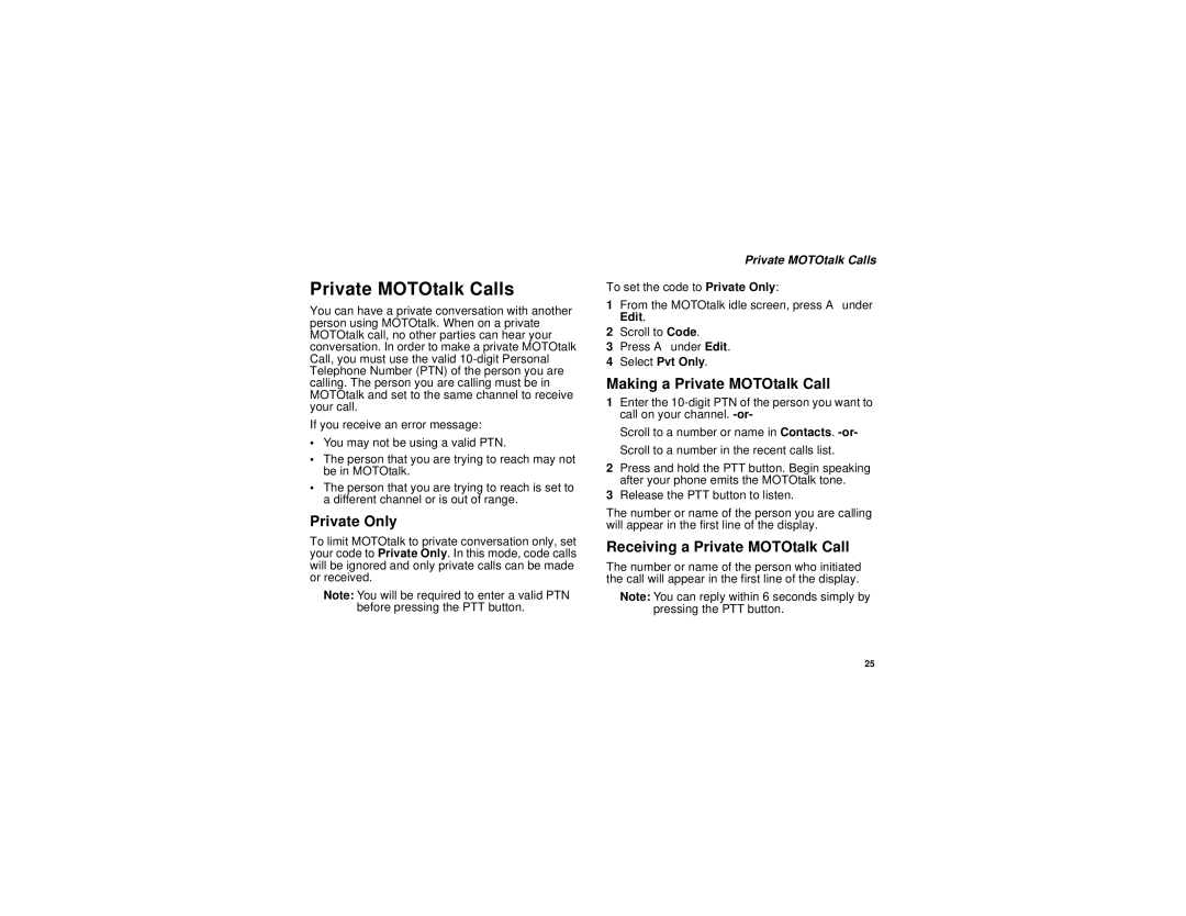 Motorola NNTN5837A Private MOTOtalk Calls, Private Only, Making a Private MOTOtalk Call, Receiving a Private MOTOtalk Call 